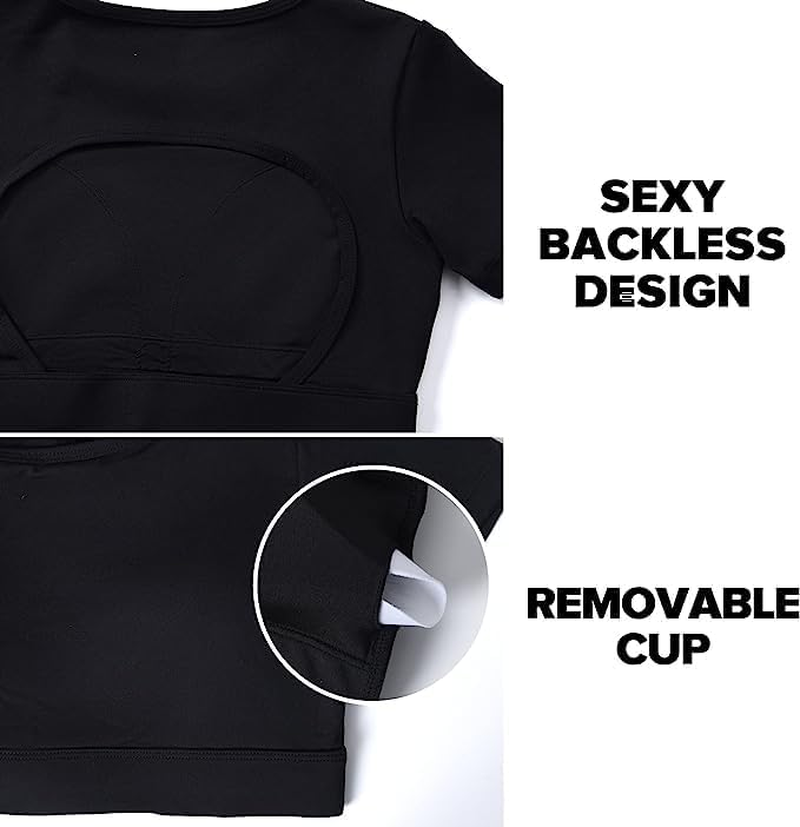 Women Open Back Tee Crop Tops with Removable Pad Workout Backless Gym Shirt Bra Going Out T Shirt Top image number 2