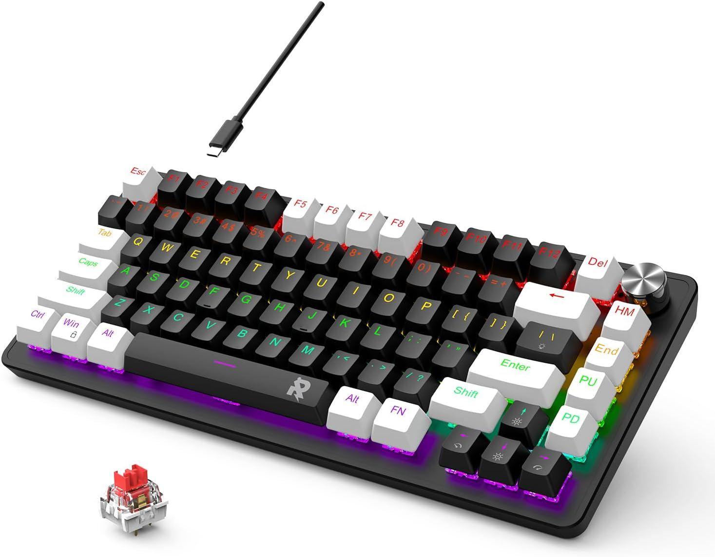 ROCK POW 70% Wired Mechanical Gaming Keyboard, 84Keys RGB Backlit Ultra-Compact Mini Keyboard, Waterproof Mini Compact for Pc/Mac Gamer, Typist, Easy Carry on Trip Blue Switch - 63 Blue White Red image number 3