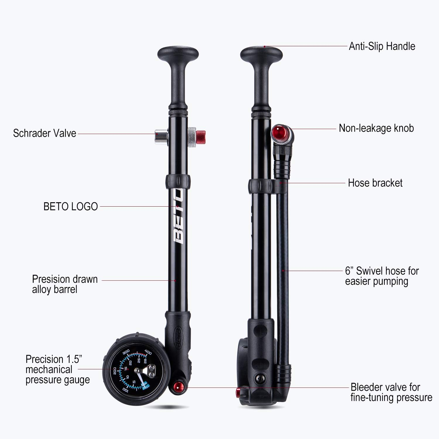 BETO High Pressure Shock Pump - (400 PSI Max) MTB Bike Shock Pump for Fork & Rear Suspension with No-Loss Schrader Valve image number 1