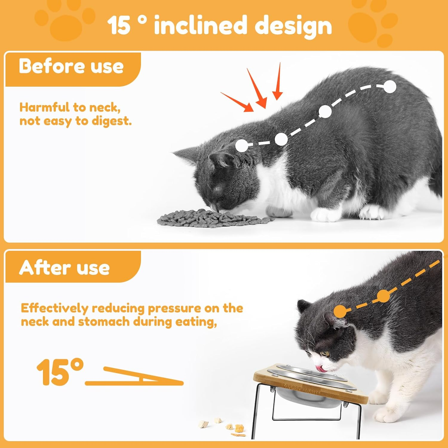 UKQRRTC Cat Food Bowls with Iron Wood Stand, Detachable 15 Degree Tilted Elevated Cat Bowls, Smooth Edge Raised Cat Bowls for Food and Water image number 1