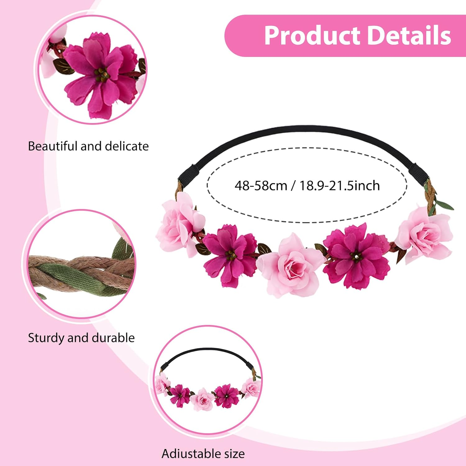6Pcs Girls Flower Crown Headbands Flower Hair Band for Women Girls, Floral Tiara Hairband Garland Fashion Floral Headbands Wreath Festival Hair Accessories Elastic for Wedding Party Festival Party image number 4