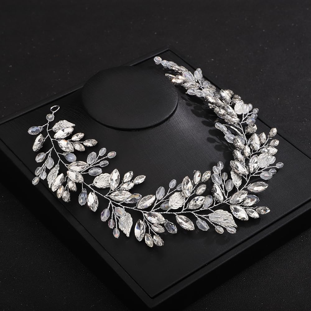 Teyglen Leaf Bride Wedding Hair Vine Bridal Crystal Headband Handmade Gold Leaf Crystal Beads Hair Piece Bohe Rhinestone Headpieces Wedding Hair Accessories for Women Girls, Alloy, Rhinestone, Leaf,