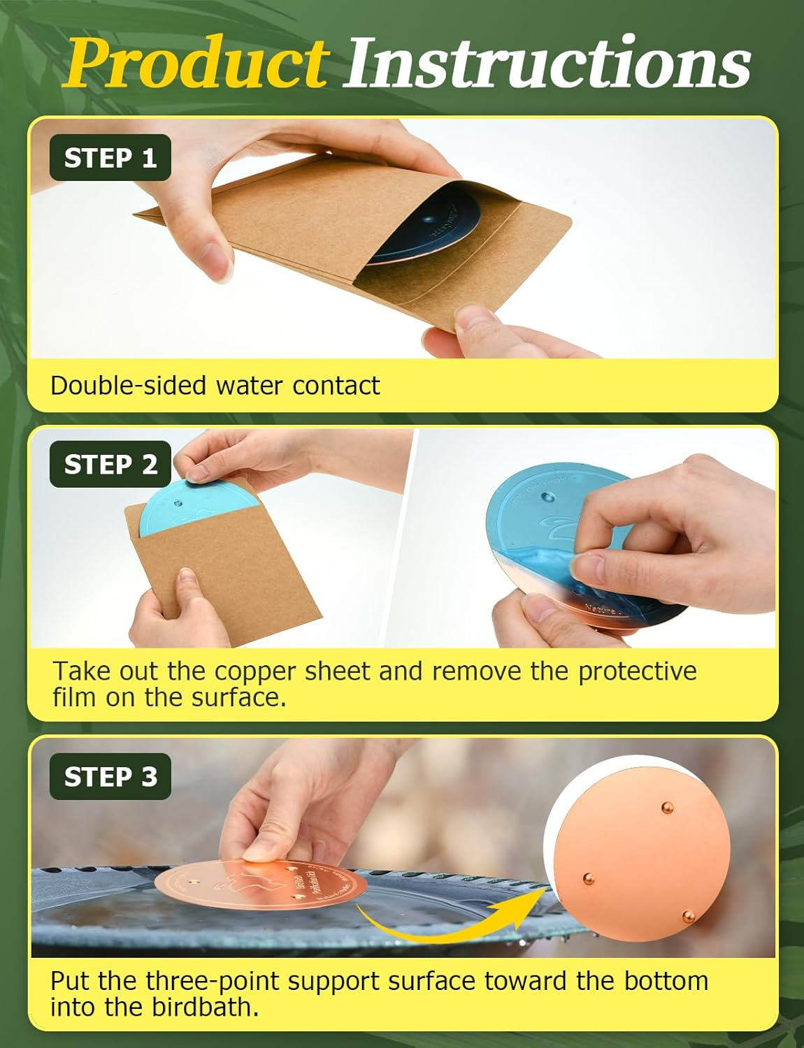 Mellbree Bird Bath Copper Disk, 0.6Mm Reinforced 99.99% Pure Copper Cleaning Disk with Triple-Point Support for Physical Safe Clean Water All-Season, Universal Fit for Outdoor Birdbaths, Bowl image number 2