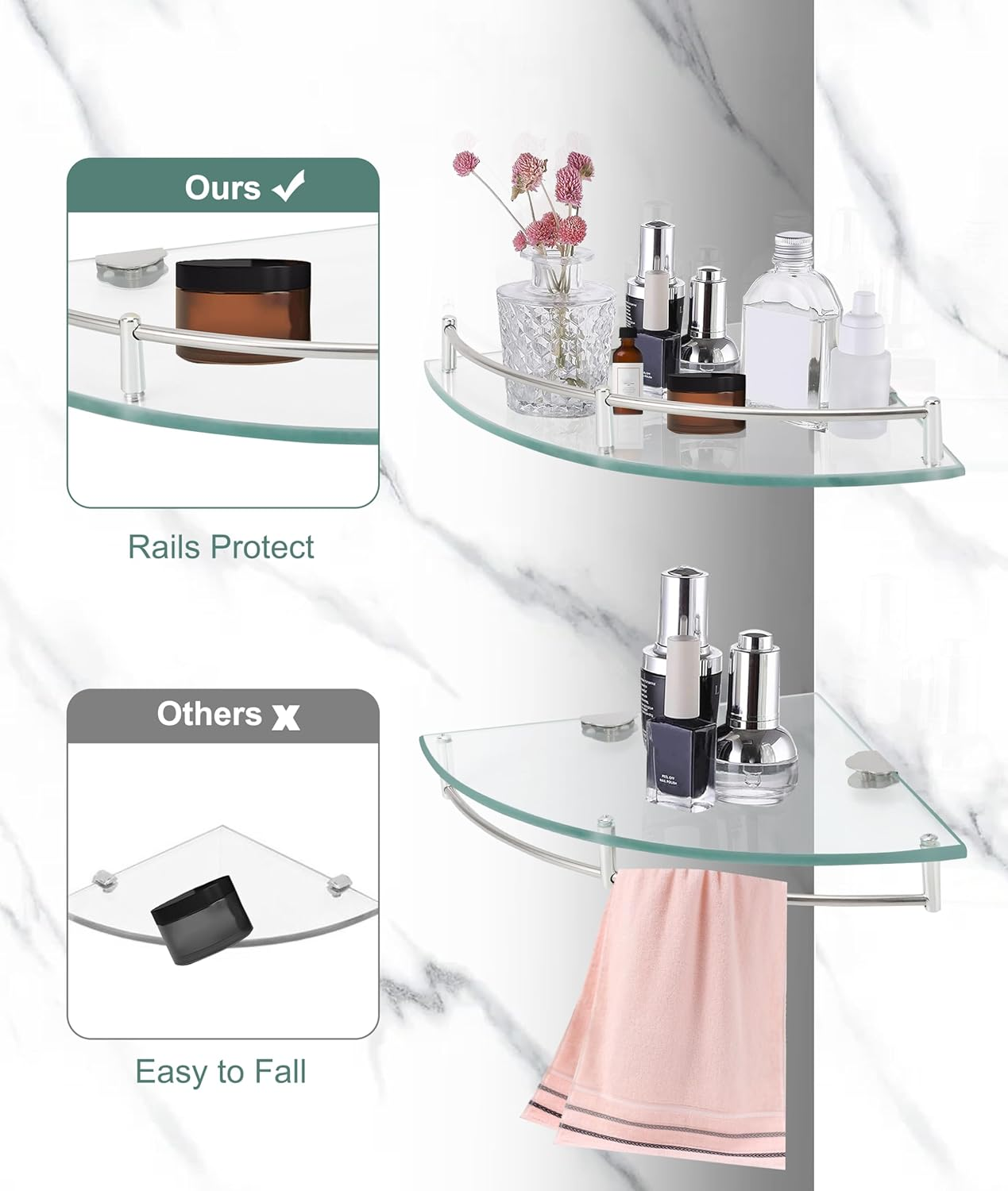 Gugxiom 2-Pack Glass Corner Shower Shelves, Glass Corner Shelf for Bathroom, Wall Mount Bathroom Shelves, SUS 304 Stainless Steel Tempered Glass Shelf with Rail, for Bathrooms and Toilets image number 5