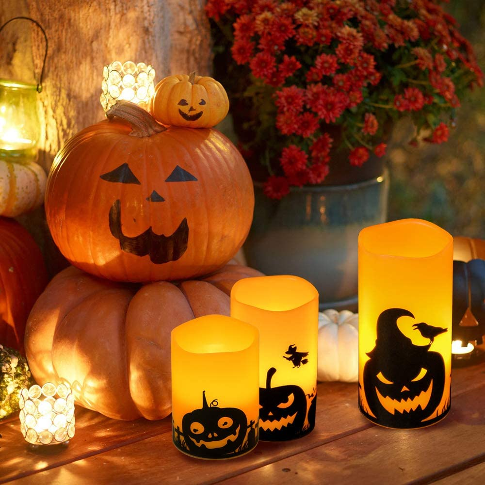 Eldnacele Halloween Flameless Candles, LED Flickering Battery Pillar Candles with 6H Timer and Pumpkin Decals, Spooky Fall Halloween Festival Party Decoration Set of 3 (D 3&rdquo; X H 4&rdquo; 5&rdquo; 6&rdquo;) image number 6