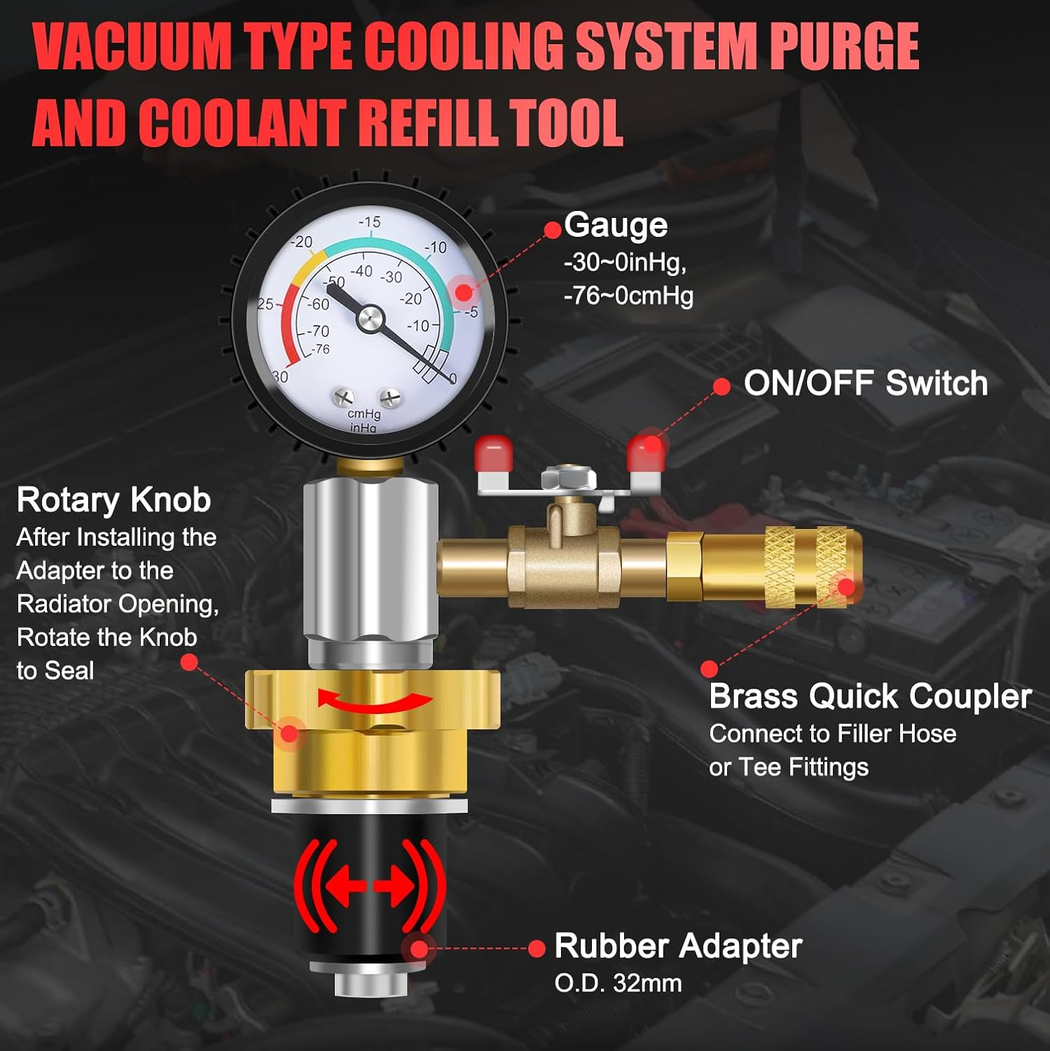 JIFETOR Cooling System Vacuum Purge Radiator Coolant Refill Tool Kit, Automotive Water Tank Pneumatic Vacuum Antifreeze Change Filler Set, with 4 Sizes Adapter Case Hose for Car Van SUV Truck