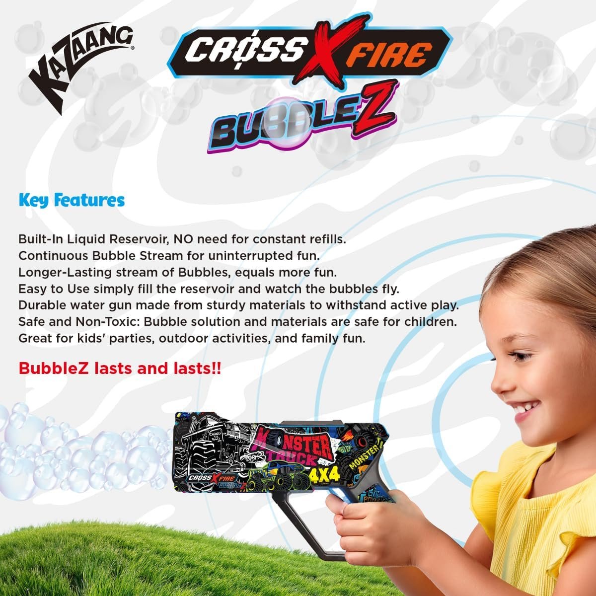 Kazaang Bubblez Bubble Gun - Kids Bubbles Gun with Large Capacity Tank - Battery Powered Automatic Bubble Blower Toy for Ages 3 and up - Monster Truck image number 6