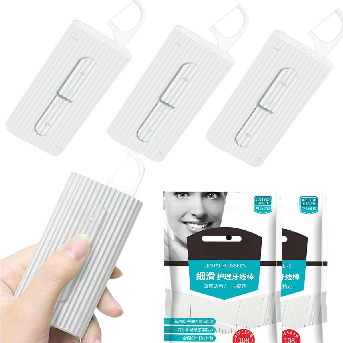 4 Pcs Dental Floss Portable Case with 256 Pcs Floss Sticks for Adults Kids Teeth Cleaning,Zanzer Teeth Clean Dental Flossers Picks Organizer,Toothpicks Floss for Family Travel (White*4)