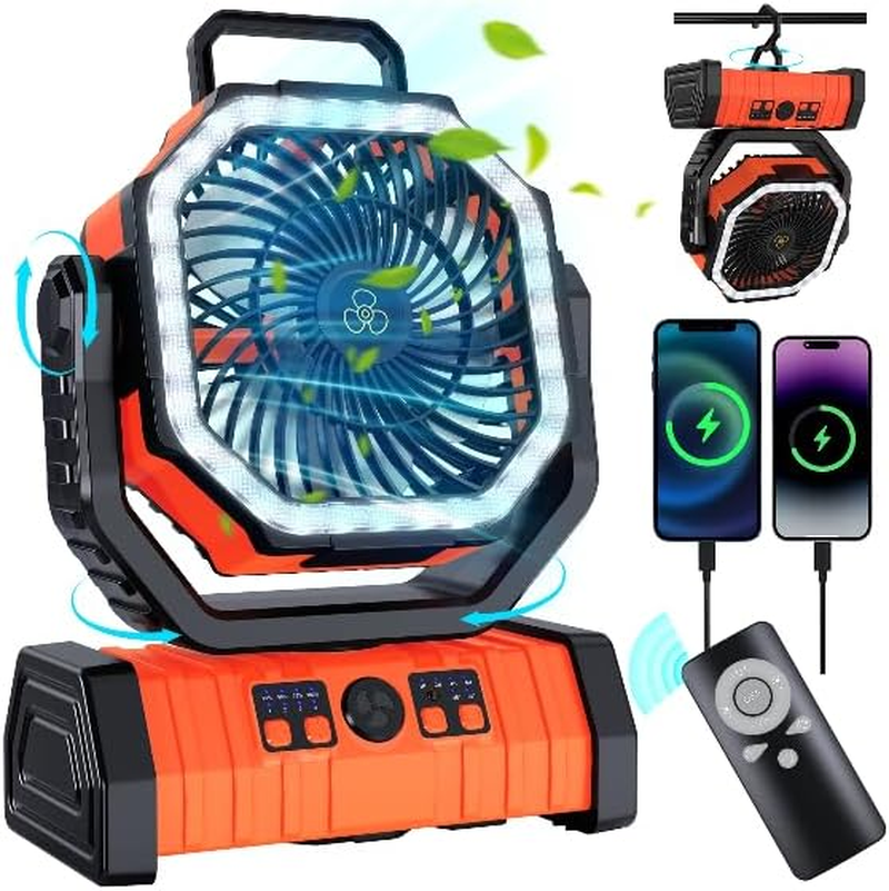 Portable Camping Fan, Spopal 20000Mah Rechargeable Tent Fan with LED Lantern, 4 Speeds and 360&deg; Hook, Remote, Timer, 145H Runtime, Power Bank Function, for Camping, Fishing, Indoor Use-Orange