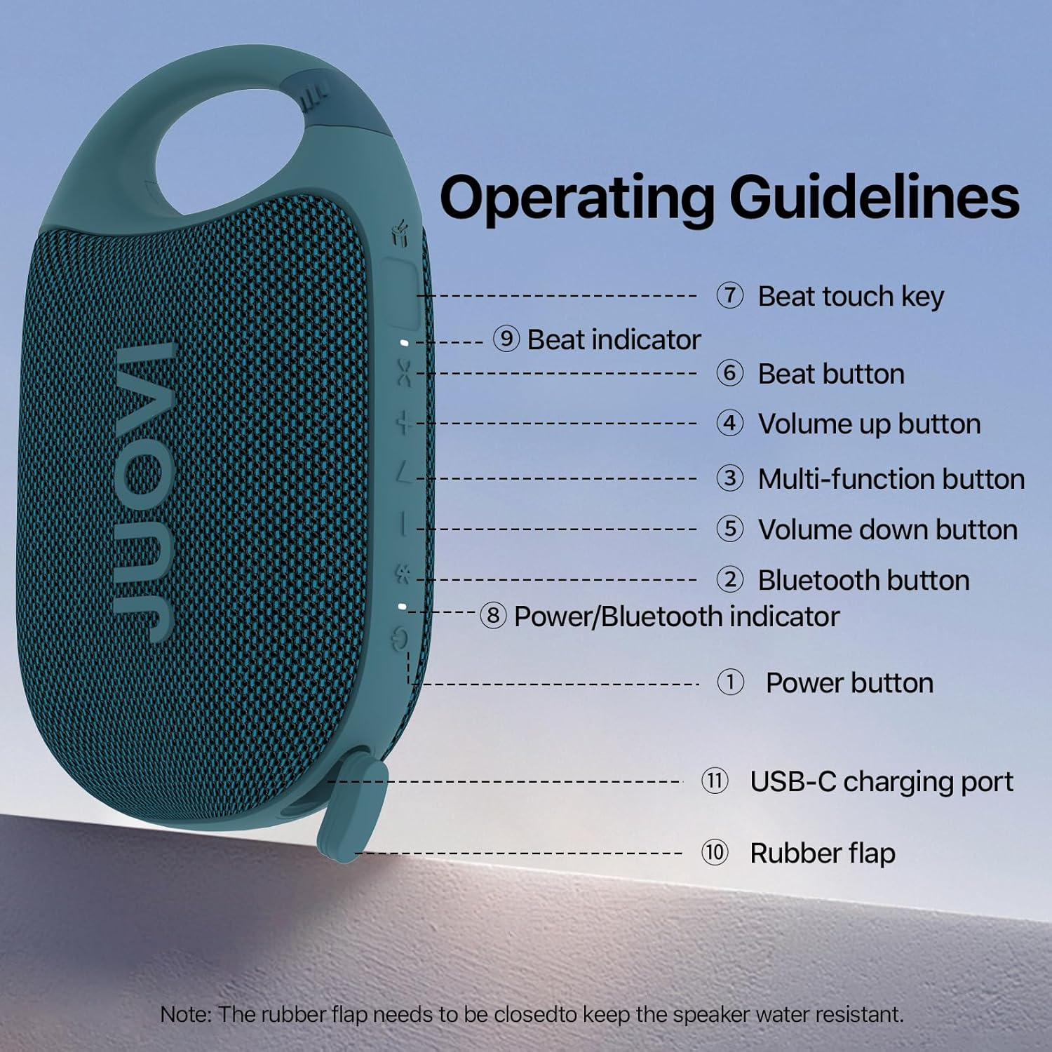 JUOVI Clip Wireless Portable Bluetooth Speaker，24H Playtime Mini Shower Speaker IP68 Waterproof & Dustproof HD Sound Integrated Carabiner, for Home Outdoor and Travel image number 6