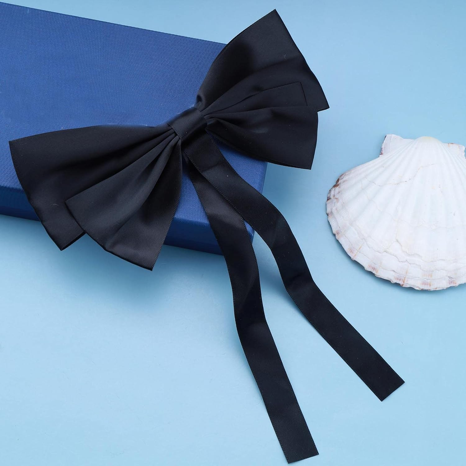 Yheakne Silk Bow Ponytail Holder Black Hair Tail Clip Vintage Long Tail Hair Bow Headpieces Bow French Barrette Headwear Ponytail Hair Accessories for Women and Girls Gifts (Long Bow) image number 6