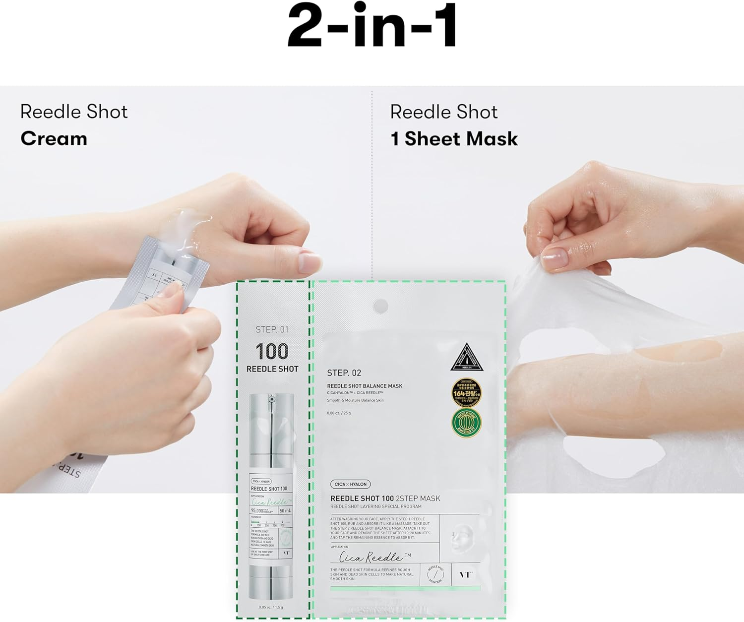 VT COSMETICS 2 Step Mask Reedleshot 100, Cica Reedle, Korean Skincare (1 Sheet Mask + 0.05 Oz Cream)