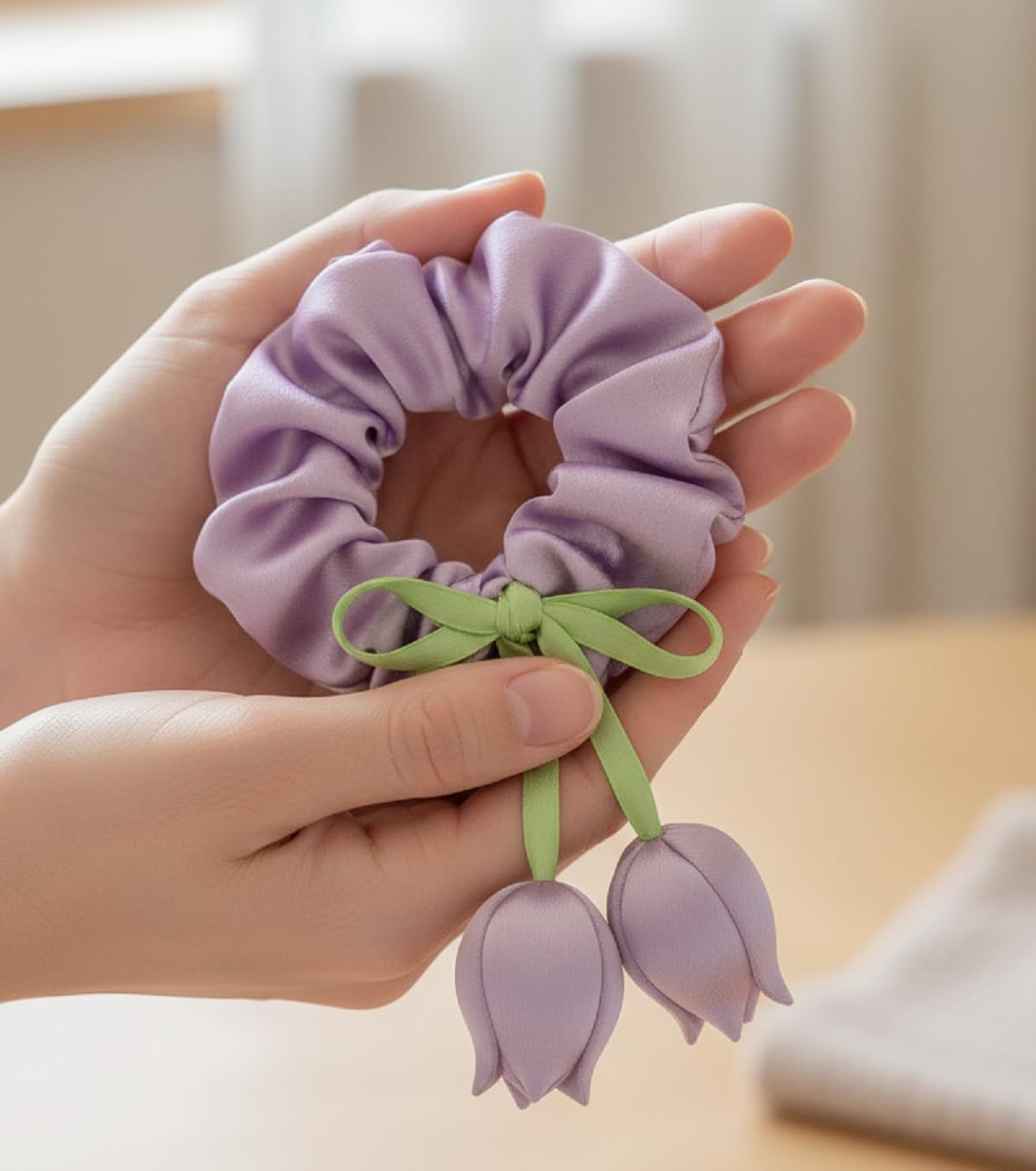LIVSY Korean Style Sweet Satin Tulip Ribbon Scrunchie &ndash; Silk Scrunchie Hair Tie with Floral Bow & Hanging Buds | Kitsch Beauty Hair Accessories for Women & Girls, Cute Hair Clips & Stylish Hair - Purple - Purple image number 5