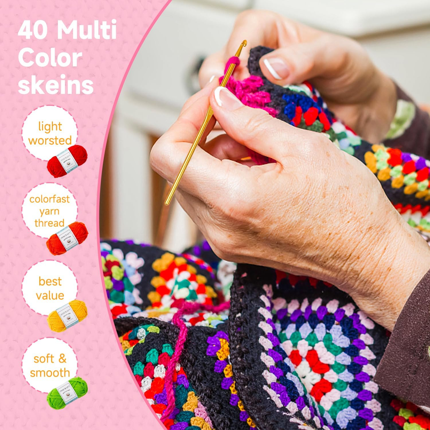 40 Acrylic Yarn Skeins 2000 Yards Craft Yarn with Reusable Canvas Bag Includes 6 E-Books 2 Crochet Hooks 2 Weaving Needles 4 Locking Stitch Markers for Crochet & Knitting by Inscraft image number 6