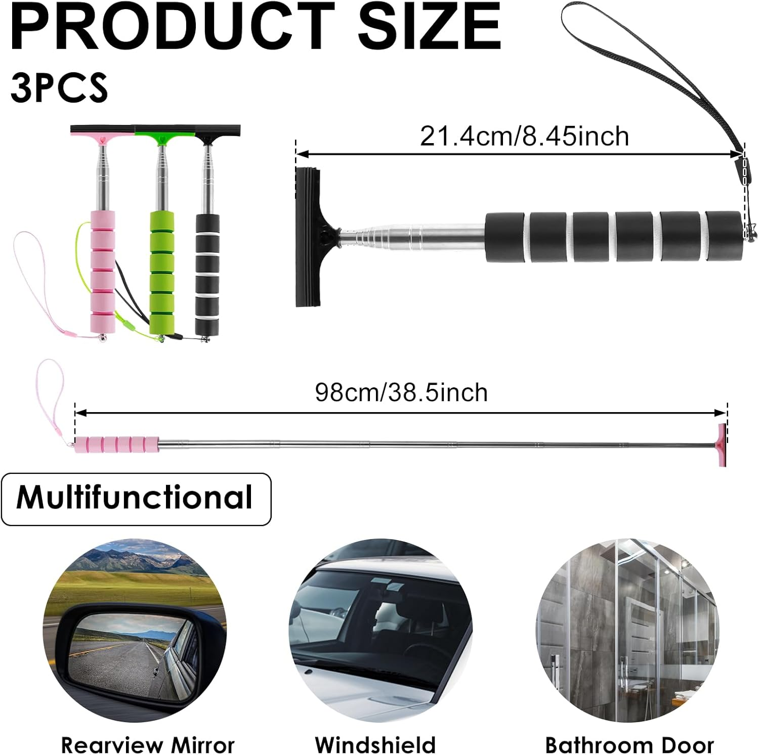 3 PCS Side Mirror Squeegee, 38.5 Inch Car Mirror Squeegee,Retractable Car Rearview Mirror Wiper,Portable Car Cleaning Tool for Rainy Foggy Weather, Car Windshield Wiper Universal Car Accessories image number 3