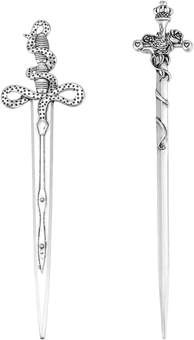 WEBEEDY 2 Styles Sword Hair Sticks Silver Rose Sword Hairpin and Snake Sword Hairpin Fashion Women Hair Pins for Buns Alloy Hair Chopsticks for Long Hair Accessories Valentine'S Day Mother'S Day Gifts