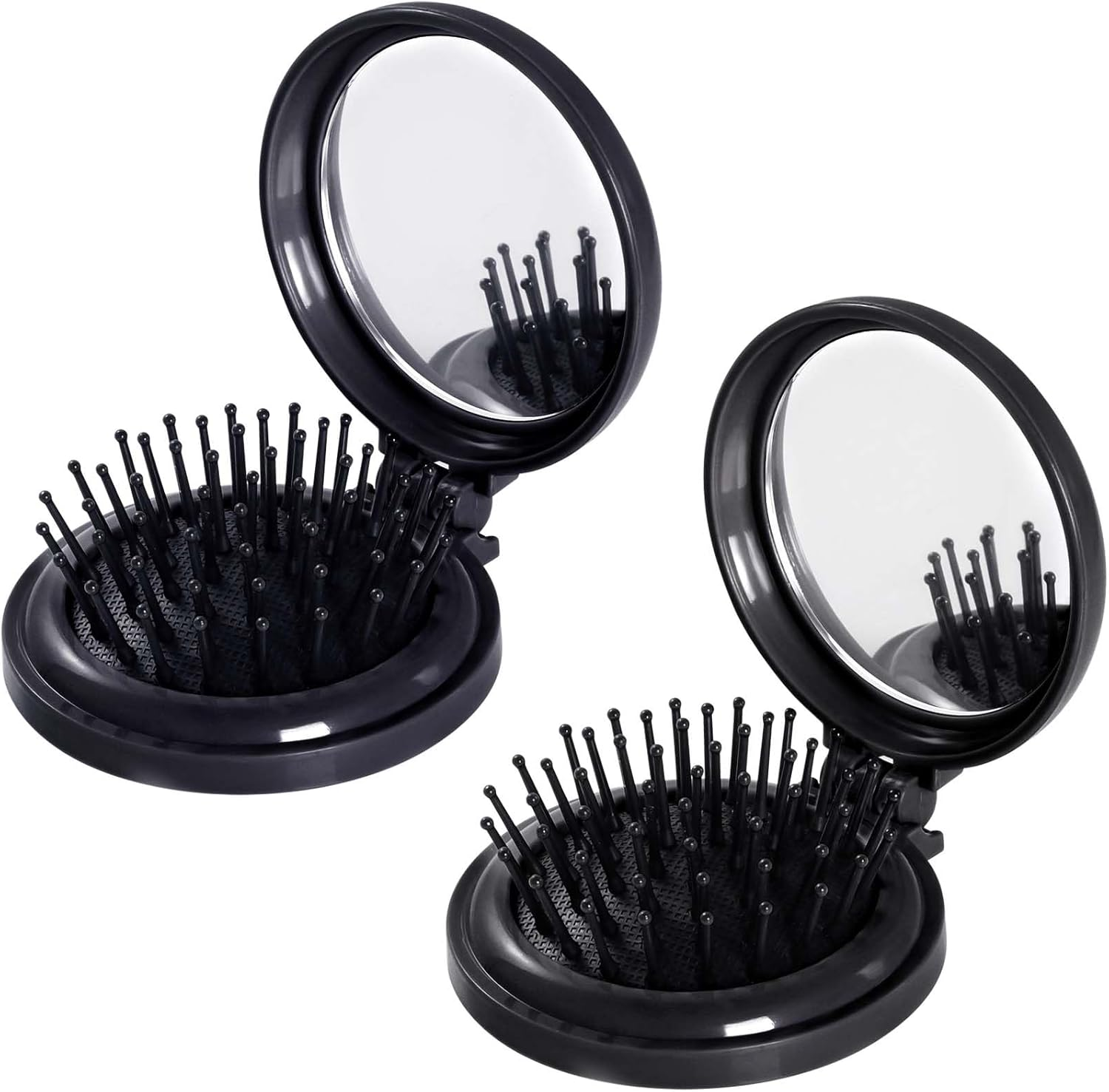 2Pcs Folding Travel Mirror Hair Brushes round Mirror Pocket Hair Brush Portable Mini Pop up Hair Brushes for Women Girls Wet and Dry Hair (Black)