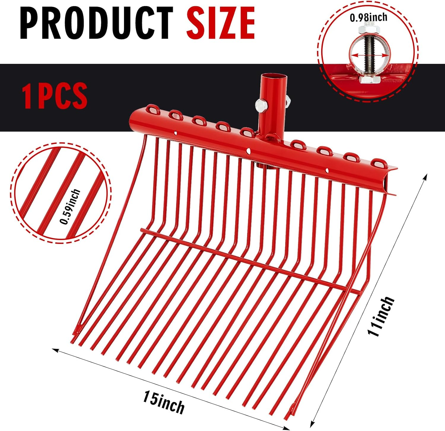 Tandefio 1 Pcs Metal Fork Head Manure Pitch Fork Replacement Head Horse Rake Bulk with Angled Tines for Horse Stall Picking up Manure Garden Animal Husbandry (Red)