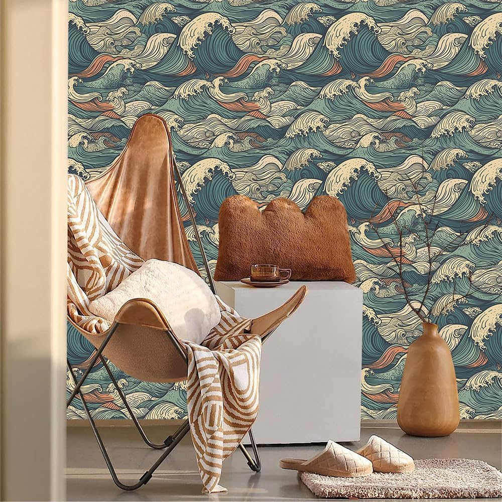 Muralpeel Vinatge Janpanese Sea Wave Blue/Yellow Mosaic Peel and Stick Wallpaper Self Adhesive image number 1