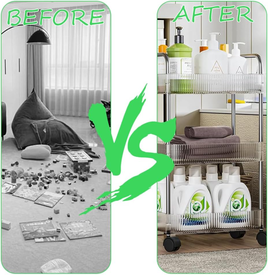 3-Tier Acrylic Storage Rolling Cart, Clear Bathroom Organiser Trolley, Snack Rolling Shelf with Wheels, Movable Storage Organizer for Office Bathroom Kitchen