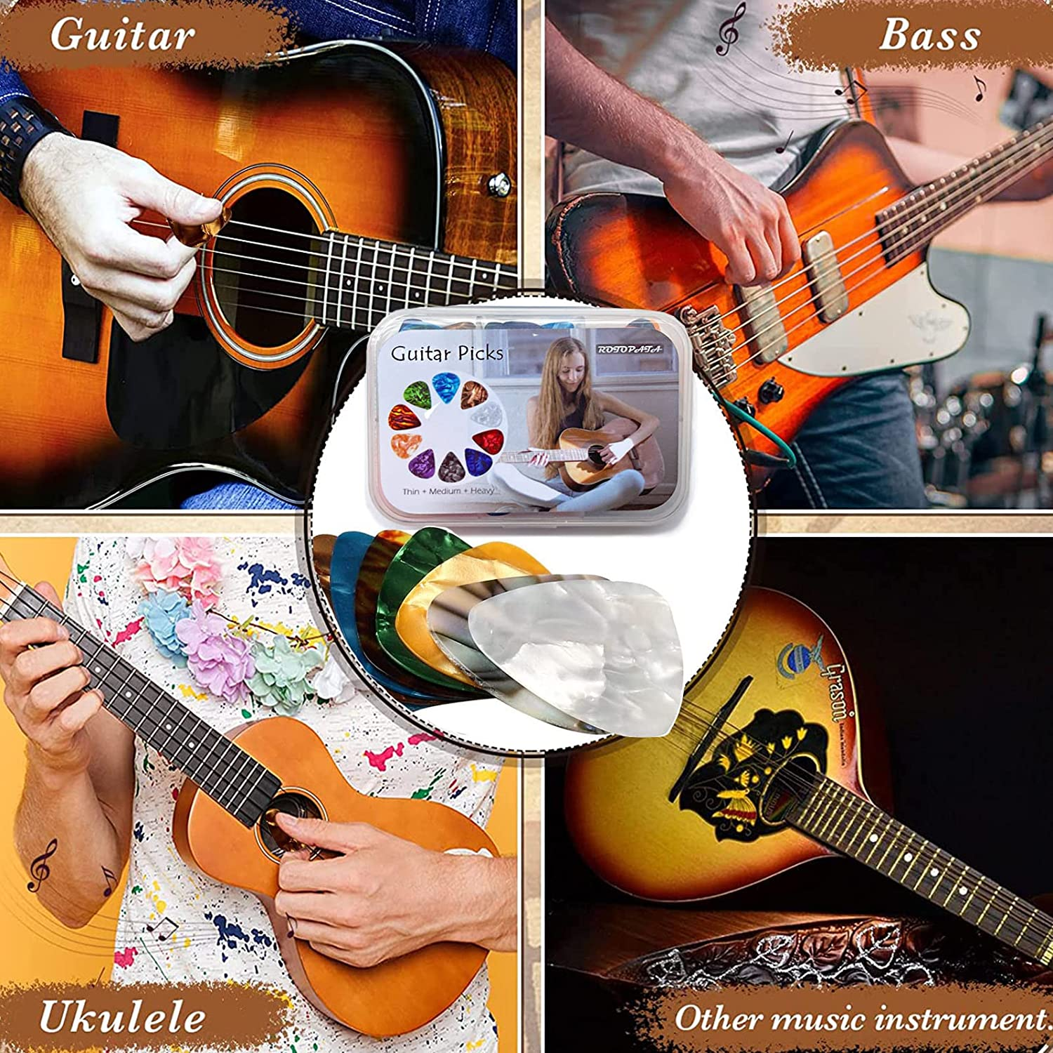 15 Pcs Guitar Picks Variety, Colorful Premium Celluloid Picks for Acoustic Electric Guitars Bass or Ukulele, with Different Sizes Contain Thin, Medium & Thick Gauges image number 2