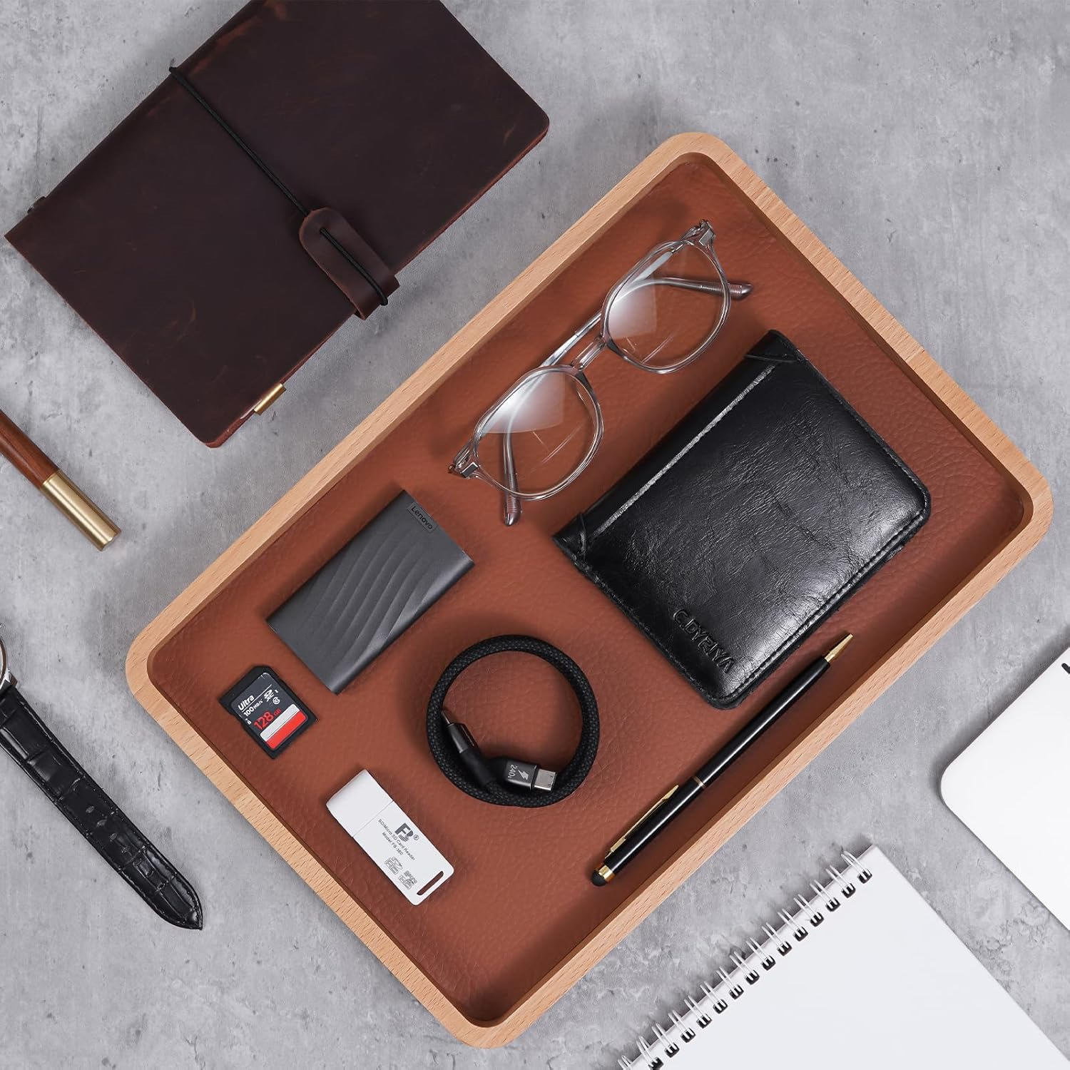 Procase Wooden Valet Tray for Men, Wood Catch-All EDC Organizer, Nightstand, Entryway Bedside Dump Holder, for Wallets, Keys, Watches, Phones, Loose Change, Trinkets -Lightbrown image number 4