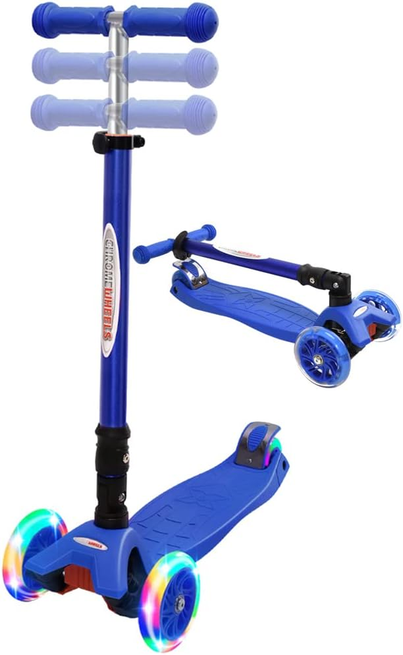 Chromewheels Scooters for Kids, Deluxe Kick Scooter Foldable 4 Adjustable Height 150Lb Weight Limit 3 Wheel, Lean to Steer LED Light up Wheels, Best Gifts for Girls Boys Age 3-10 Year Old