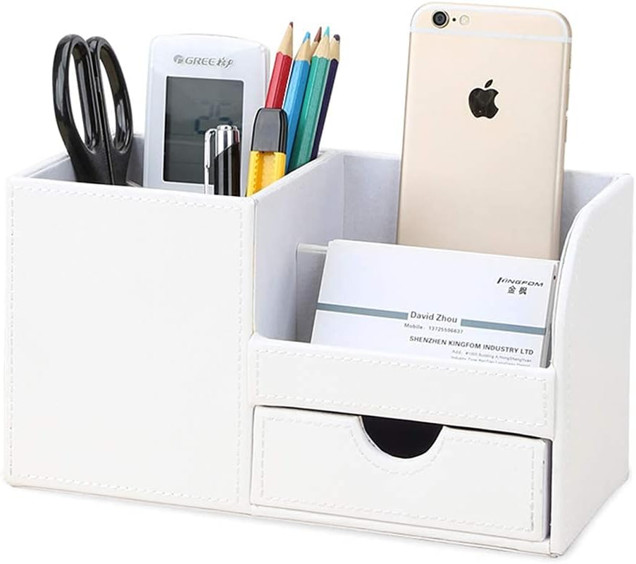 KINGFOM Wooden Struction Leather Multi-Function Desk Stationery Organizer Storage Box Pen/Pencil,Cell Phone, Business Name Cards Remote Control Holder White-Flannel