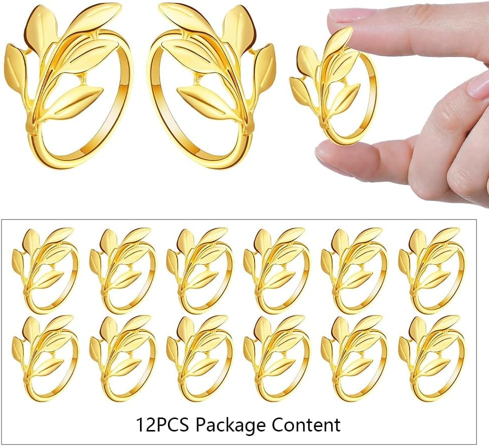 Gold Napkin Rings Set of 12 - Metal Leaf Fall Napkin Rings for Dinner Table Decor, Wedding, Kitchen, Banquet, Holiday, Everyday Party - Leaf image number 2