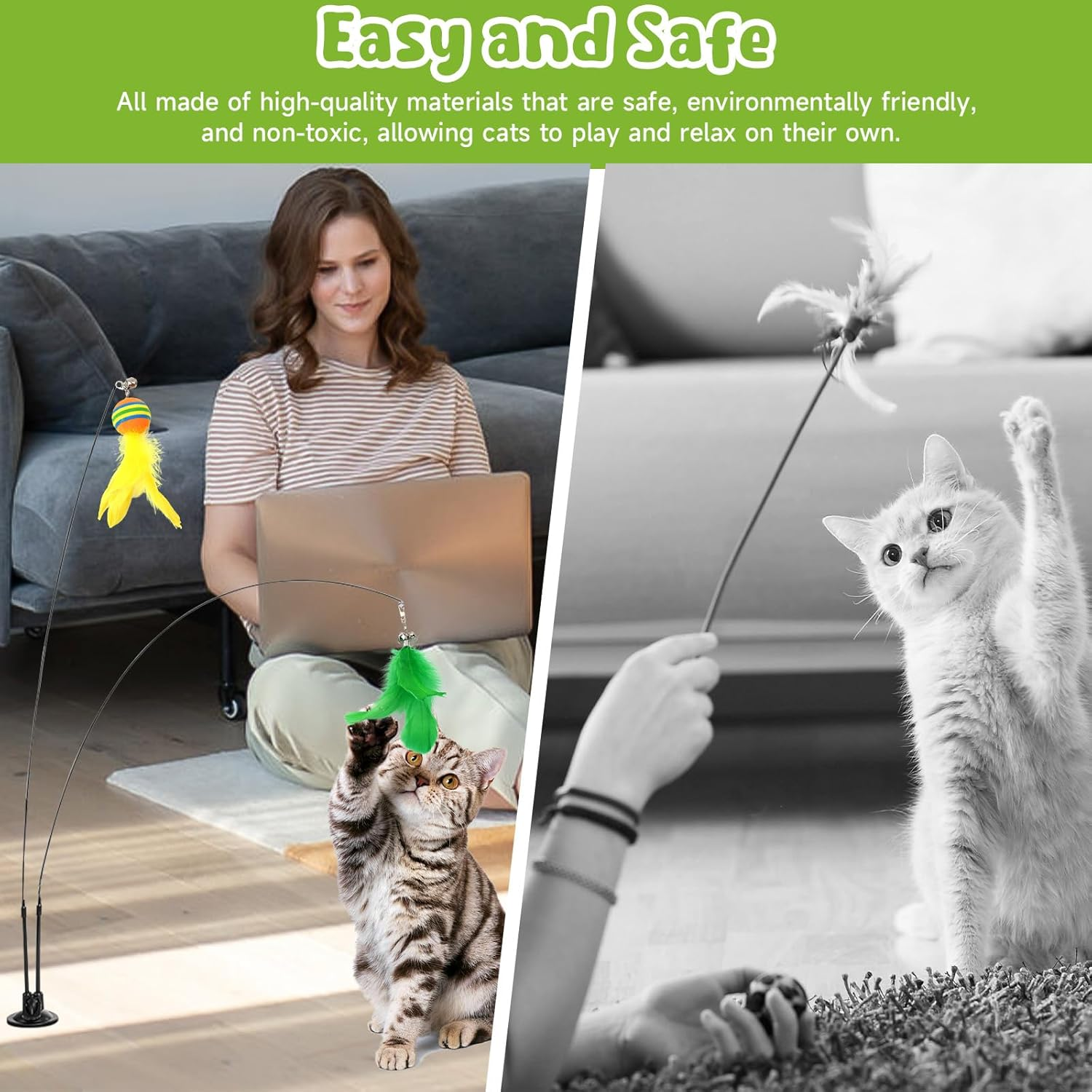 Pearyaest 20 Pack Cat Toys for Indoor Cats,4-In-1 Interactive Feather Teaser Cat Toy Set,Interactive Cat Toy with Rotatable Suction Cup,Replacement Hooks,Caterpillar,Butterfly,Rainbow Ball image number 3