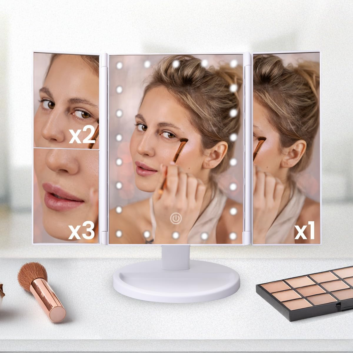 Jocca Foldable Makeup Mirror with LED Light, 1X/2X/3X Magnification, Adjustable Lighting, 180&deg; Rotatable, USB or Batteries, Makeup Mirror with Magnification image number 1