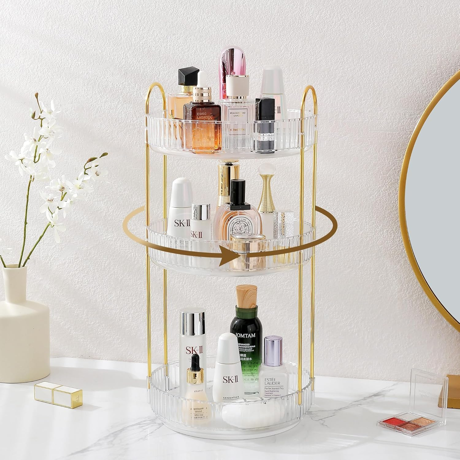 METOY Rotating Makeup Organizer for Vanity, Perfume Skincare Organizers Make up Storage for Bathroom Counter, Clear Spinning Cosmetic Lipstick Toiletry Organizer Holder (Pearl White, 2 Tier)
