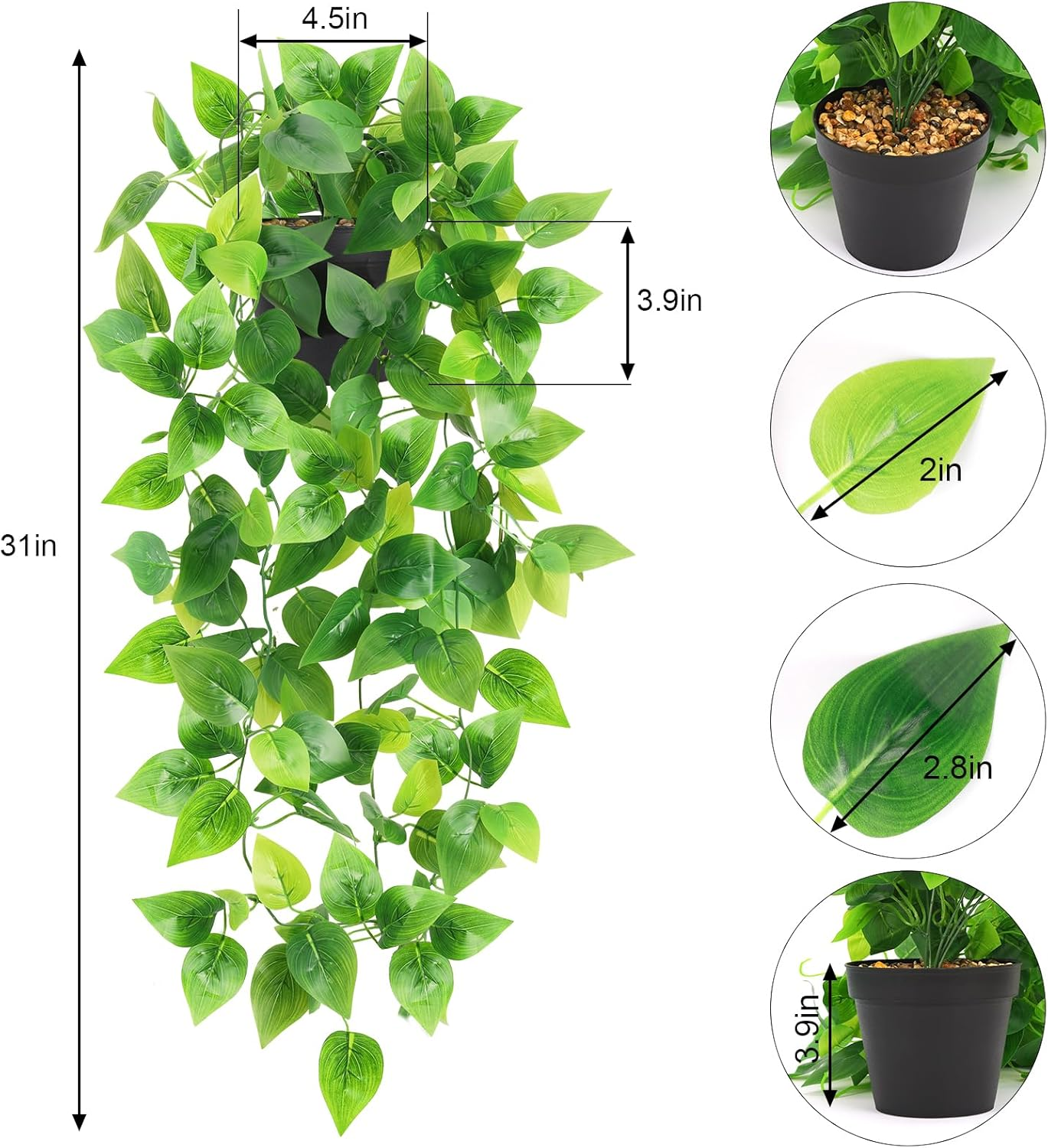 WXBOOM 2 Pcs Fake, Artificial Potted Plant Artificial Ivy Vine Plant Hanging Plant Pothos for Home Office Indoor Outdoor Garden Decor