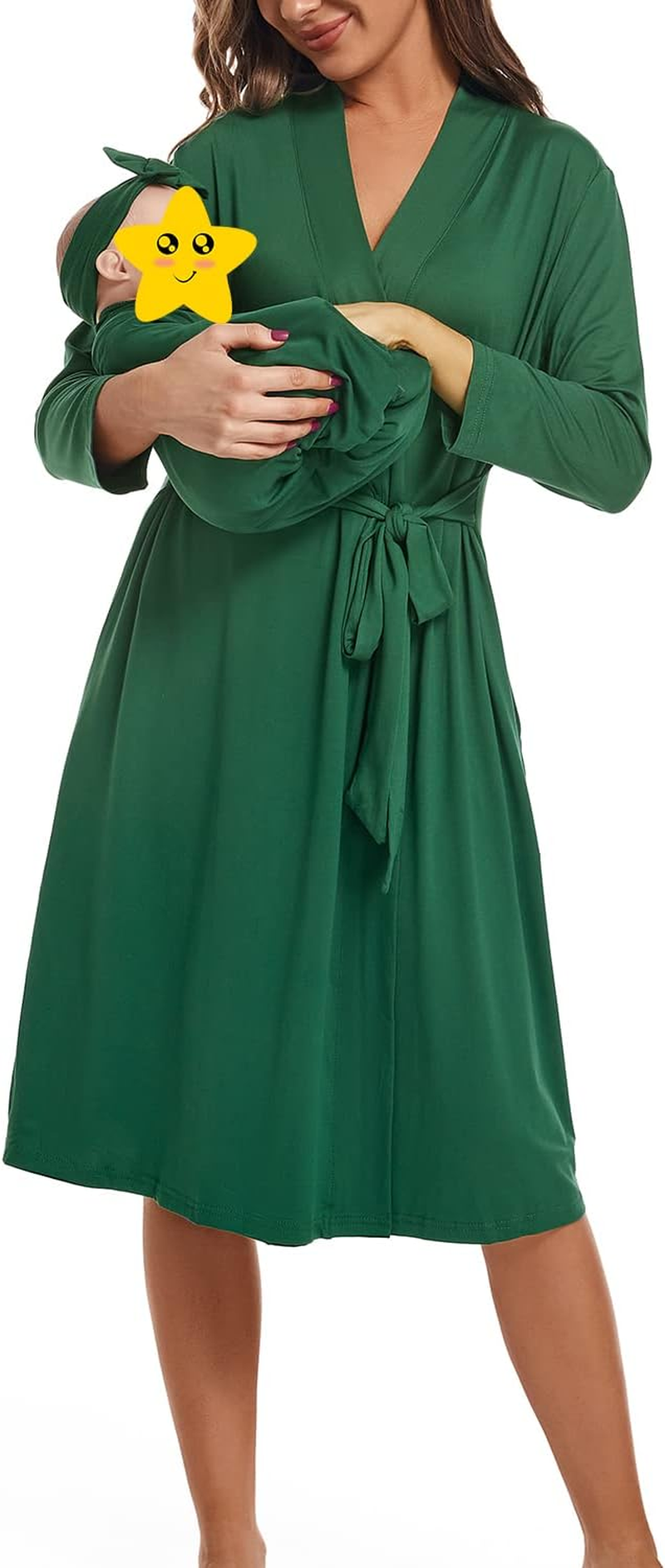 SUFEINI Maternity Robe with Matching Swaddle Blanket Set, Maternity Mommy Bathrobe Postpartum Robe Labor Gown image number 4