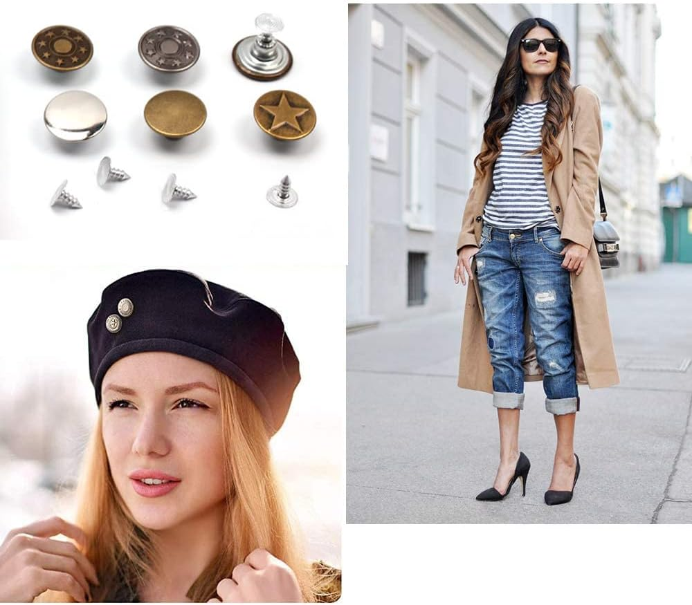 50 Sets Jeans Replacement Buttons, Betterjonny 17Mm Metal Buttons for Jeans Detachable Adjustable Jean Button Replacement with Plastic Storage Case for Jeans, Jackets, Shoe Caps (5 Types, 10 Each) image number 4