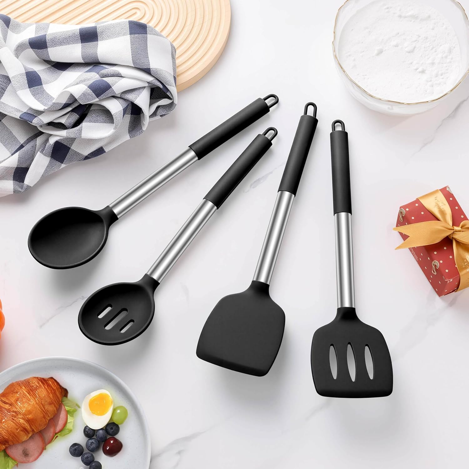 LIANYU Kitchen Cooking Utensils Set of 4, Silicone Spatula Cooking Spoon Set for Nonstick Cookware, Heat Resistant Kitchen Gadget Tools with Stainless Steel Handle, Heat Resistant Utensils, Black - 6, Gray image number 3