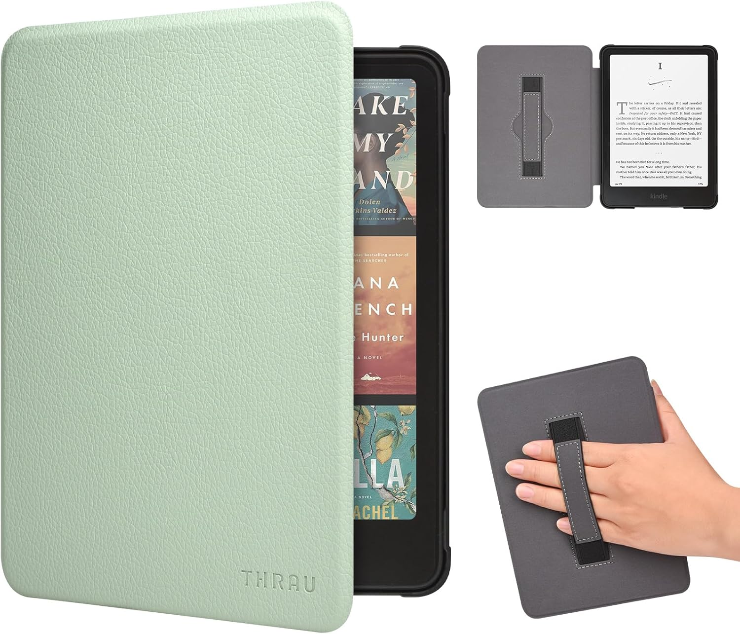 THRAU Case with Hand Strap for 7" Kindle Paperwhite 12Th Gen, Paperwhite Signature Edition 2024 or Kindle Colorsoft Signature Edition, PC Hard Shell with PU Leather, Auto Sleep/Wake &ndash; Agave Green image number 1