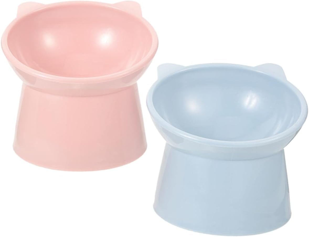Gadpiparty 2Pcs Elevated Cat Feeding Bowls with Neck Guard, Raised Plastic Pet Bowls for Cats and Kittens, Anti-Spill Pink and Blue Compact Food Dishes for Daily Use image number 5