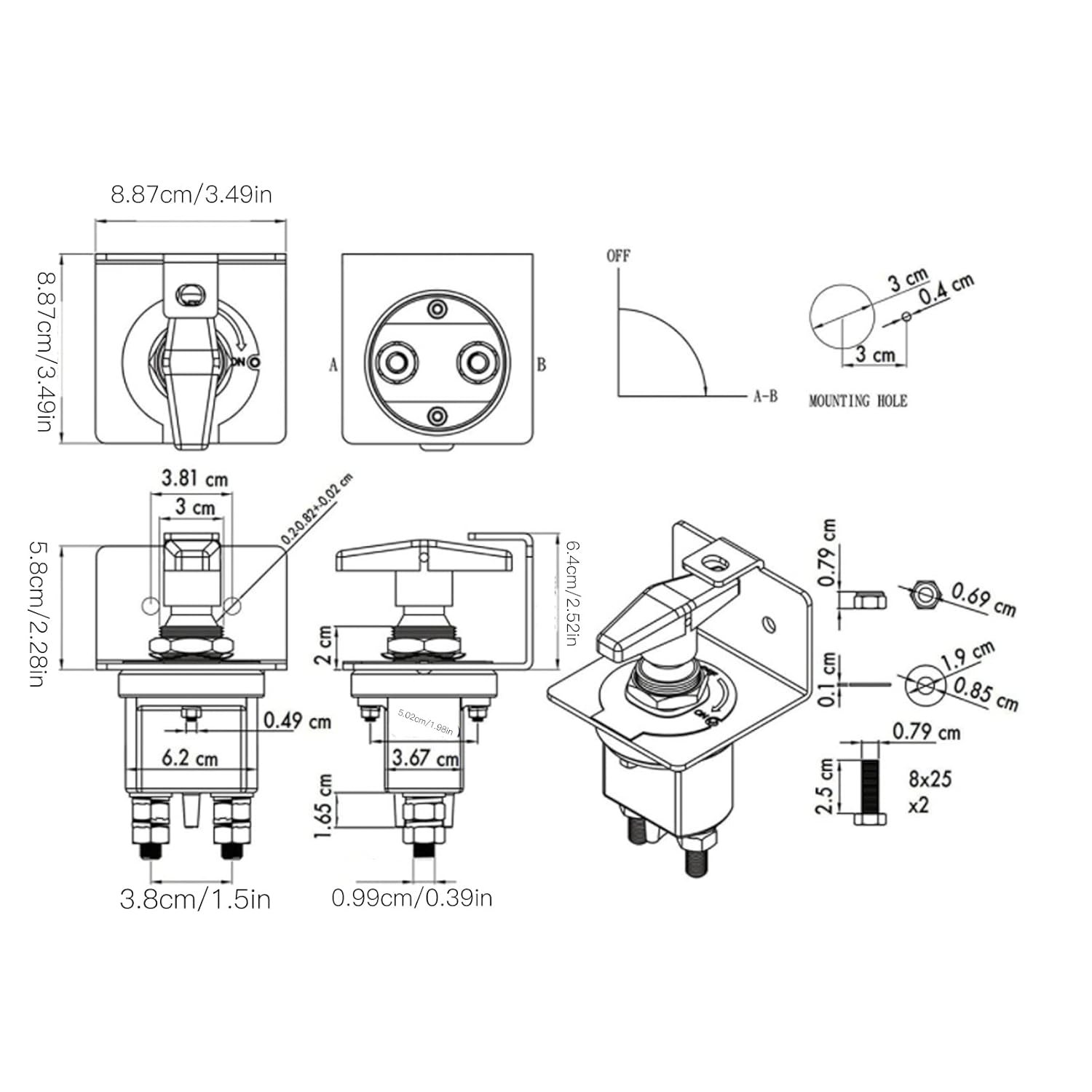 Battery Switch Disconnect Isolator Battery Power Cutoff Master Switch with Lockout Plate 12V 500A for Marine, Boat, Car, Auto, RV, Vehicle, On/Off, Waterproof image number 3