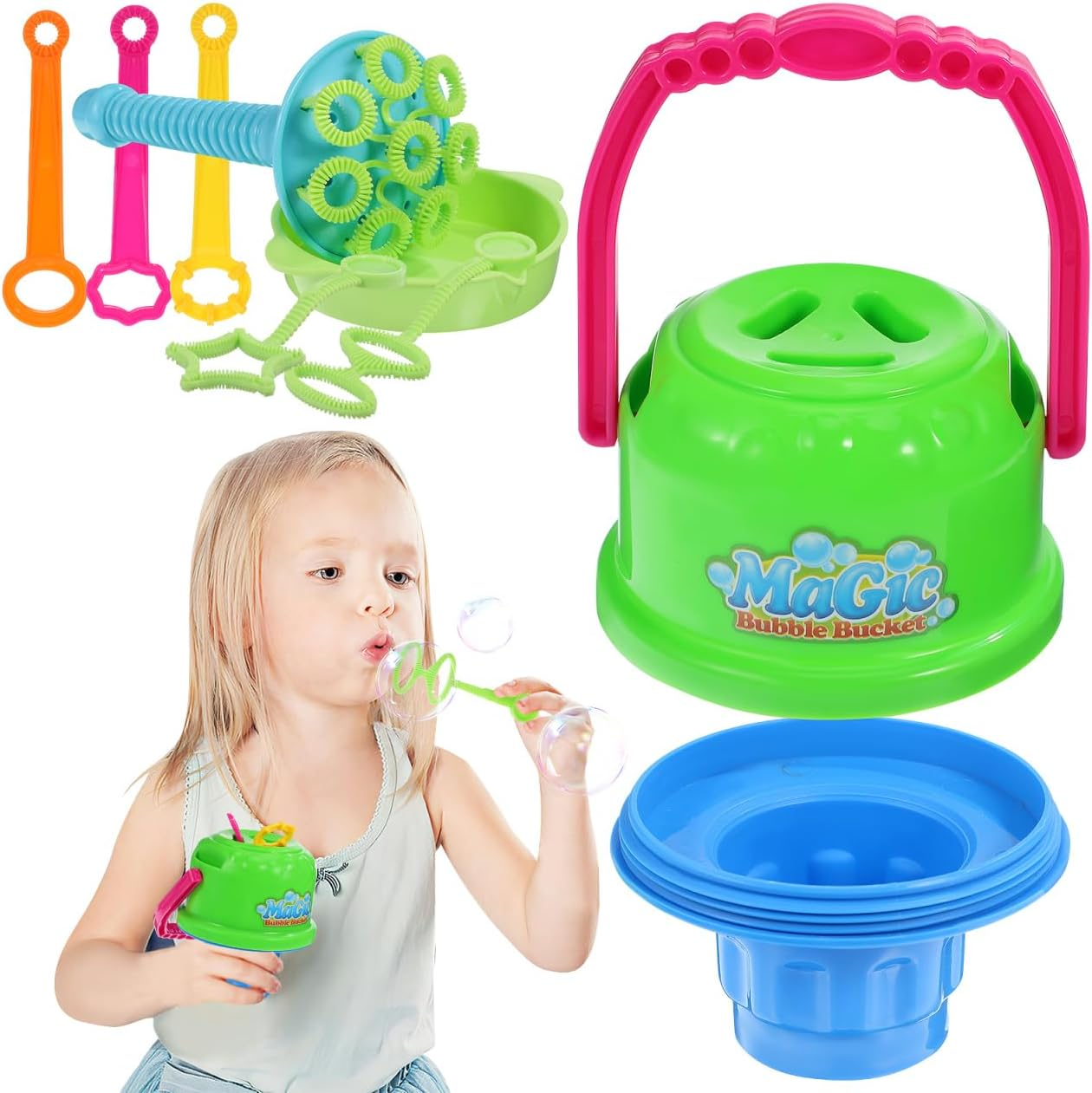 Totority Kids Bubble Machine Set - Spill Proof Bucket & Horn Bubble Wand, Safe Abs Plastic, Sound Effects, Portable & Easy to Use for Outdoor Play image number 5