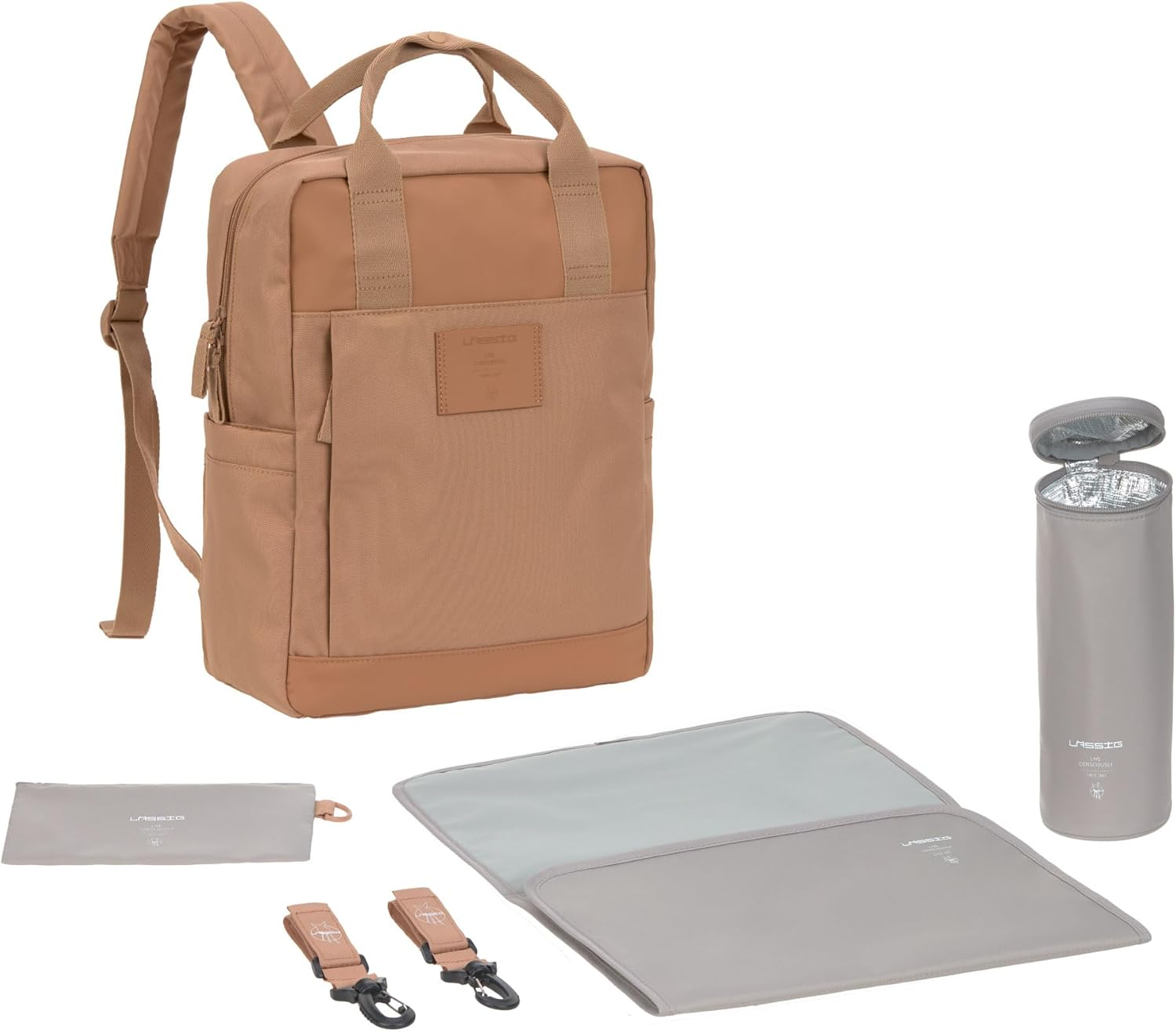 L&Auml;SSIG GRE Vividal Almond Baby Changing Backpack with Changing Mat, Pram Attachment, Bottle Holder Sustainably Produced