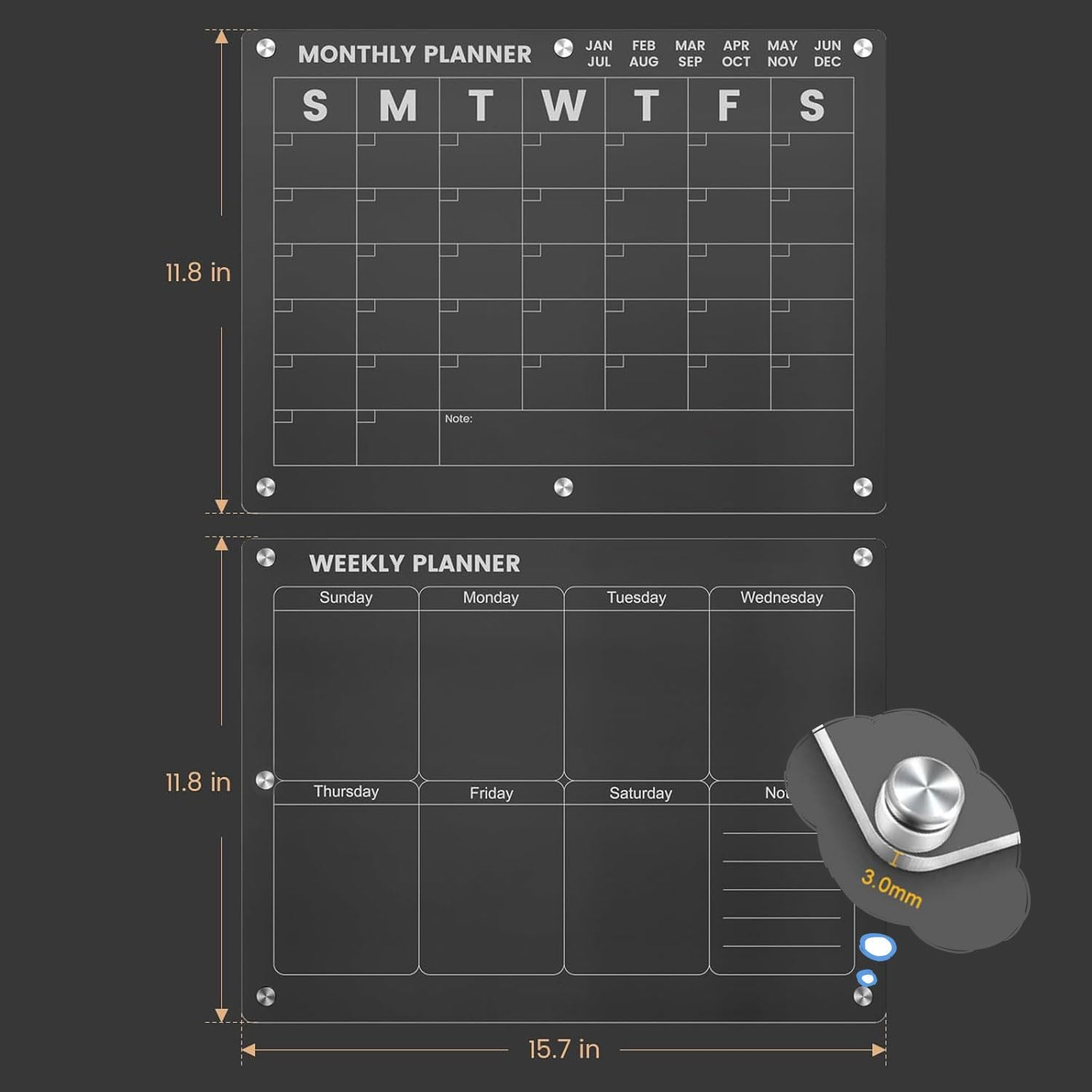Clear Acrylic Magnetic Calendar for Fridge - 2Pcs 16"X12" Magnet Monthly and Weekly Wet Erase Board for Refrigerator Reusable Planner Includes 6 Colorful Markers,Magnetic Pen Holder and Erase Towel image number 5