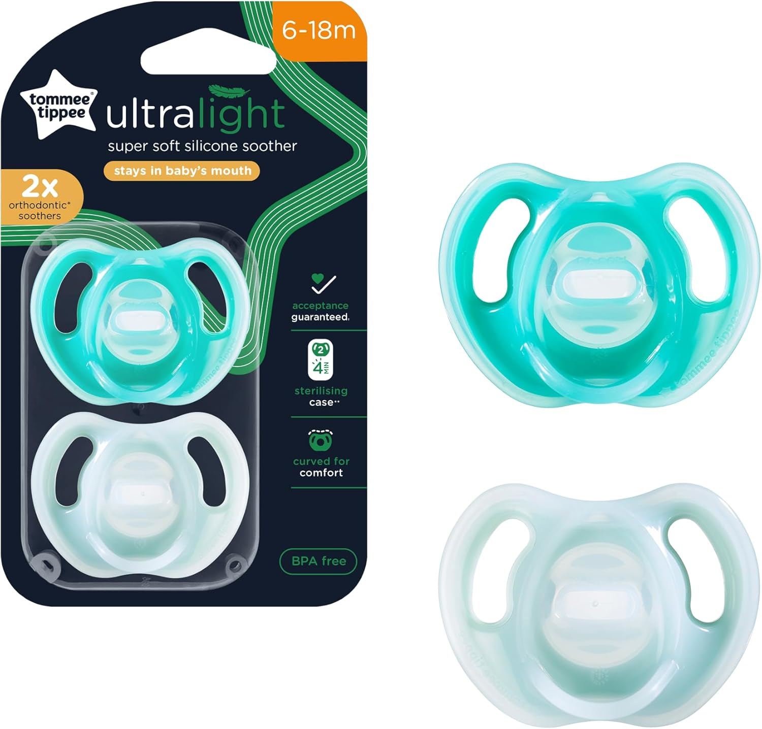 Tommee Tippee Ultra-Light Soothers, 6-18 Months, 2 Pack of One Piece Silicone, BPA Free Soothers, Assorted Colours image number 4