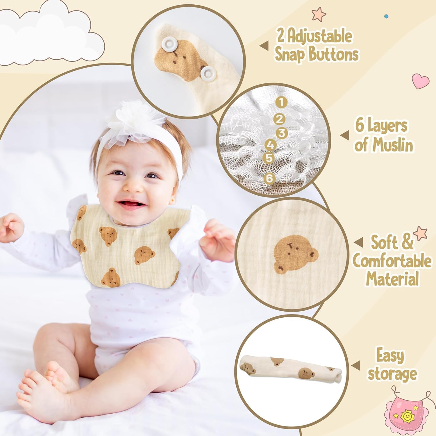 ZONEY Baby Drooling Bibs, 5Pcs Cotton Bandana Drool Bibs for Girls, Adjustable Teething Bibs, Scarf Burp Cloths, Toddler Bibs, Dribble Bibs image number 5