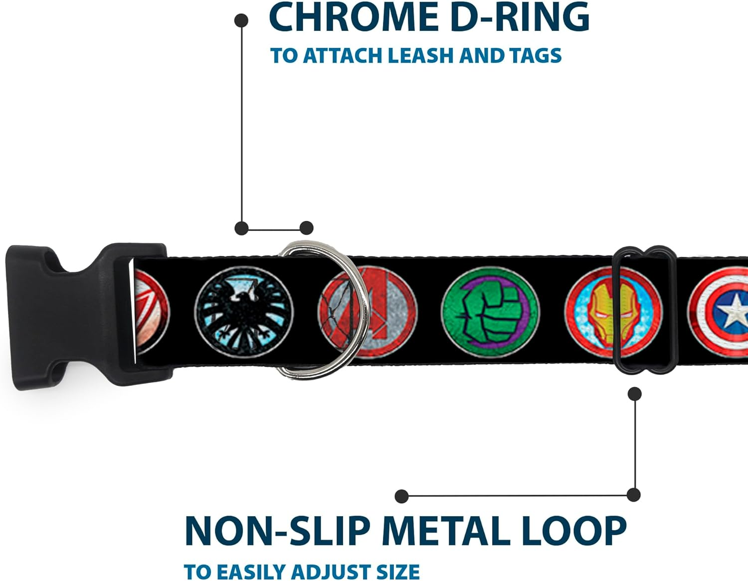 Buckle-Down Dog Collar Plastic Clip Buckle - 9-Avenger Icons Black/Multi Color - 1" X 11-17 Inches image number 1