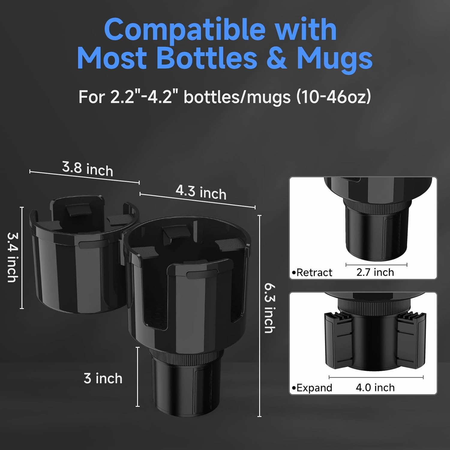 Dylen Car Cup Holder Expander, 2 in 1 Cup Holder Extender Adapter for Car with Expandable Base, Cup Holder Insert Fits Most Large Drink Bottles 300-1500 ML (5.6-10.7 CM) image number 5