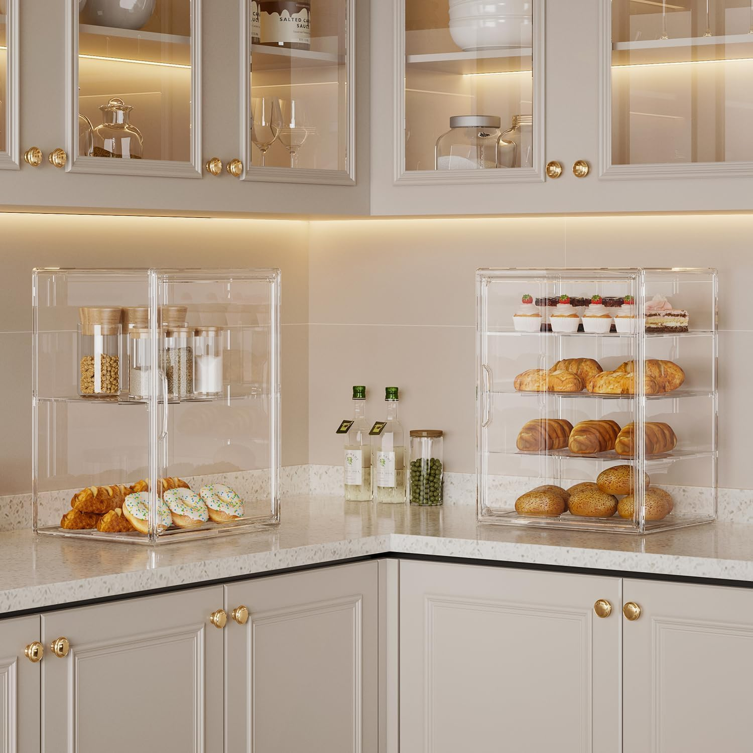 Blissify Pastry Display Case, 4 Layers Adjustable Clear Cookie Display, Acrylic Bread Storage Container with Magnetic Door, Bakery Display Case Countertop for Bread, Bagel, Muffins