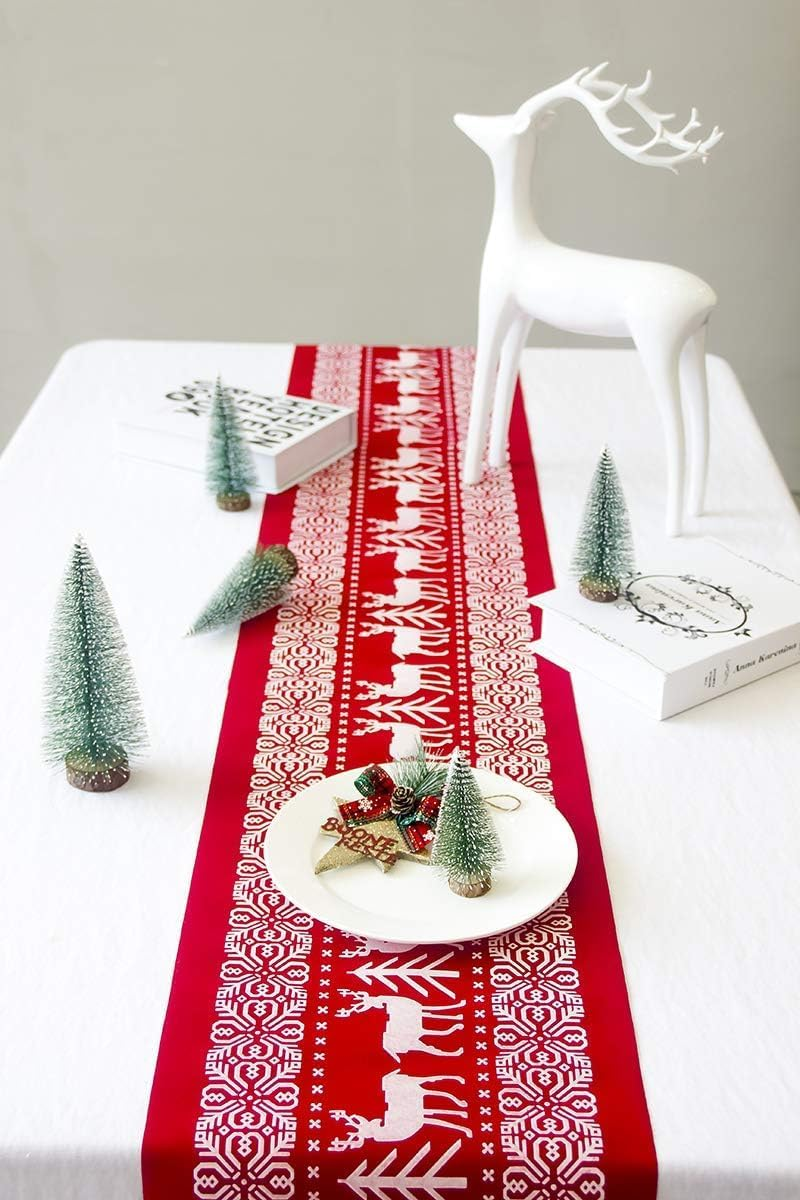 Christmas Table Runners, Christmas Tree Deer Table Runners Printed Linen Xmas Table Linens for Christmas Table Decoration Home Party Tablecover Decor(28 * 270Cm) image number 2