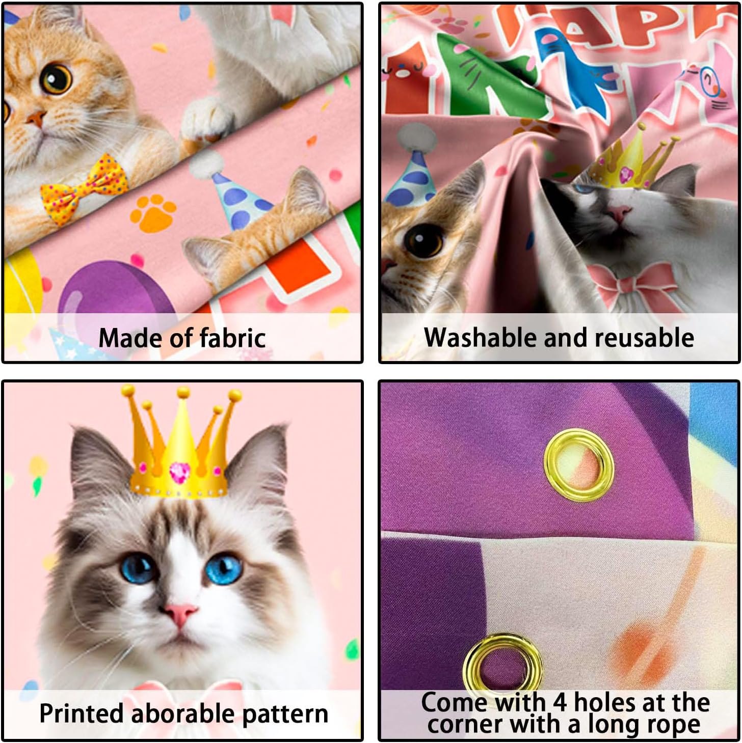 Cat Happy Birthday Background, 110 X 180 Cm Cat Backdrop Cat Party Background Decoration Cat Birthday Banner Background for Cat Theme Party Decoration image number 5