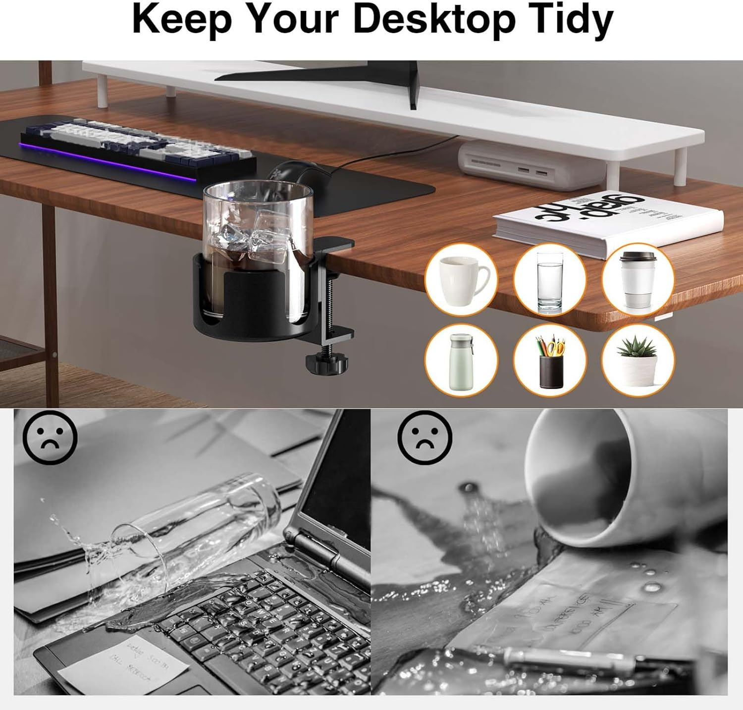 Creative Table Drink Holder, Desk Cup Holder Made of Aluminum Alloy, Adjustable Table Cup Holder Clamp, Desk Bottle Holder Easy to Install, for Water, Drinks, Coffee Cup (Black) image number 5